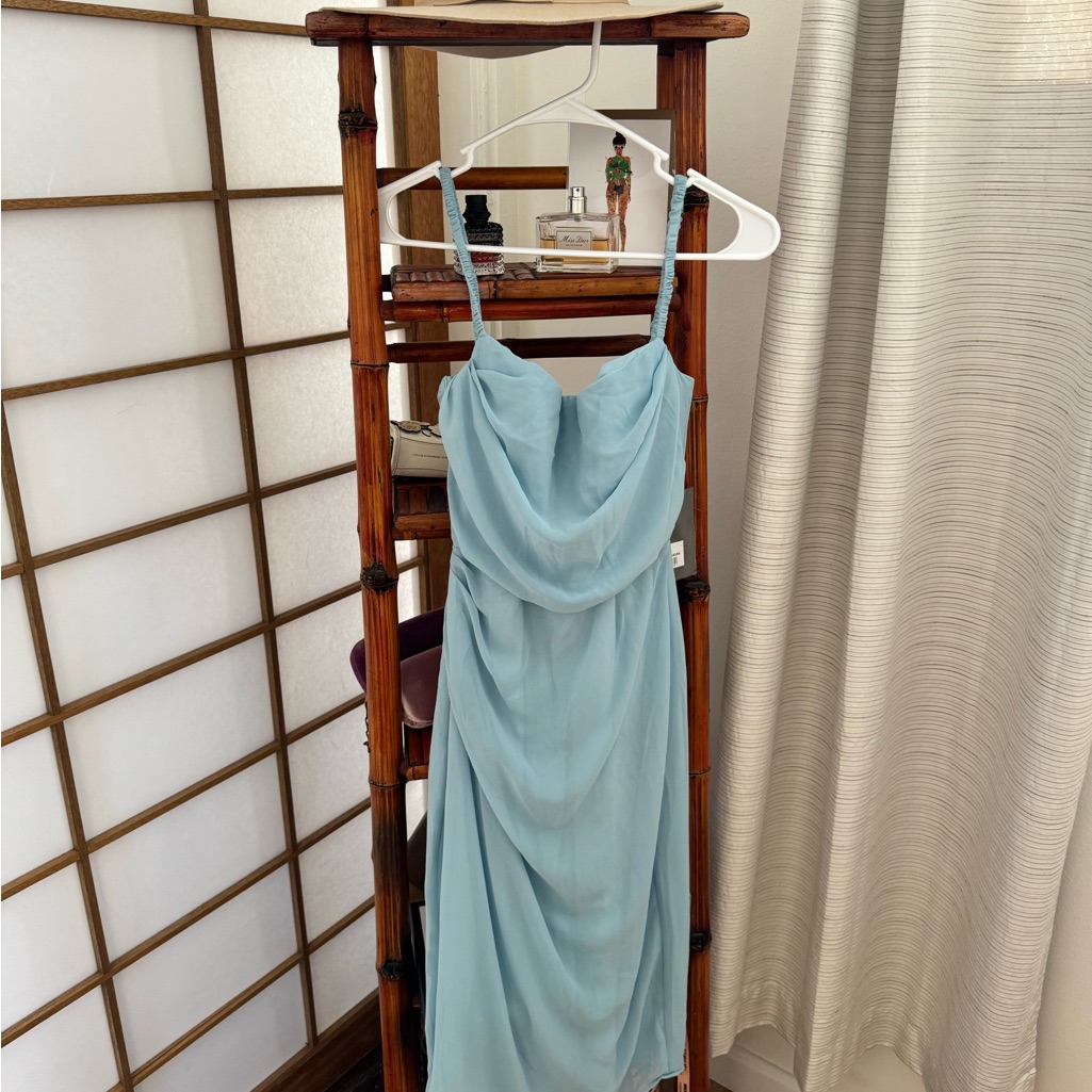 House Of Cb Midi Jamille Baby Blue Draped Corset Midi Dress